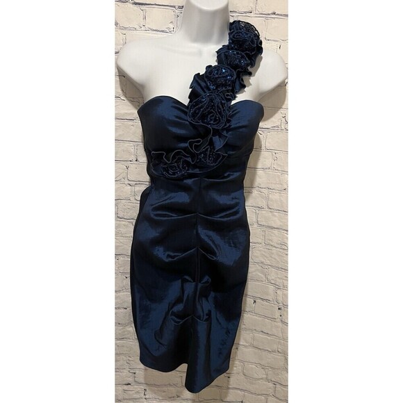 BETSY & ADAM blue cocktail one shoulder Flower detail Blue dress Size 6 Petite - Picture 4 of 8